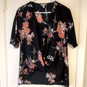 Floral faux tie front top